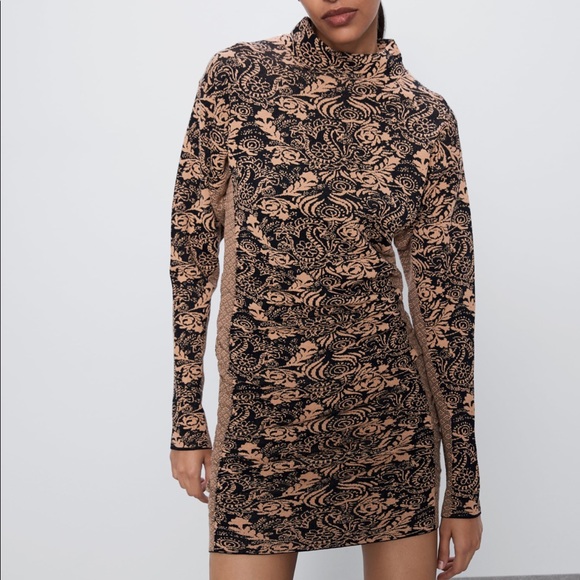 Zara Jacquard Draped Chalk Print Mini Dress SZ S - Picture 2 of 3